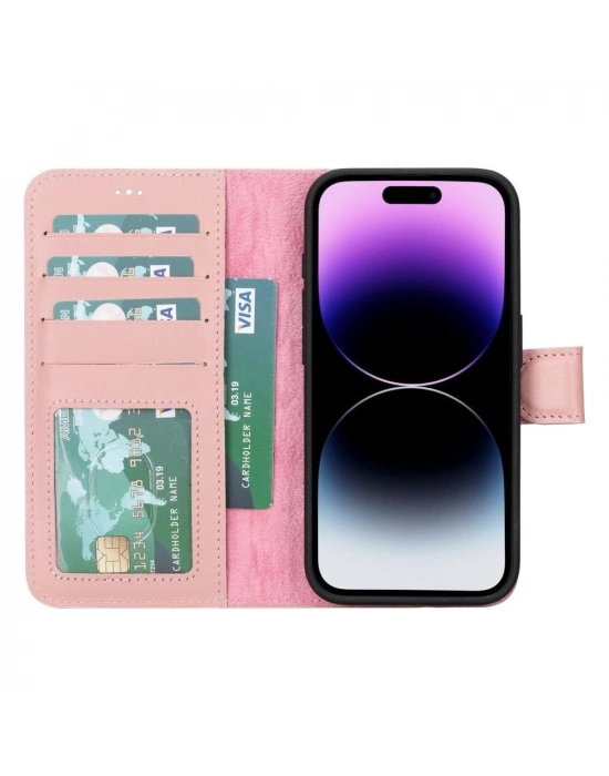 ÇOK SATAN Apple iPhone 15 Pro Uyumlu Deri Cüzdanlı Kılıf MWWN NU2 Pembe