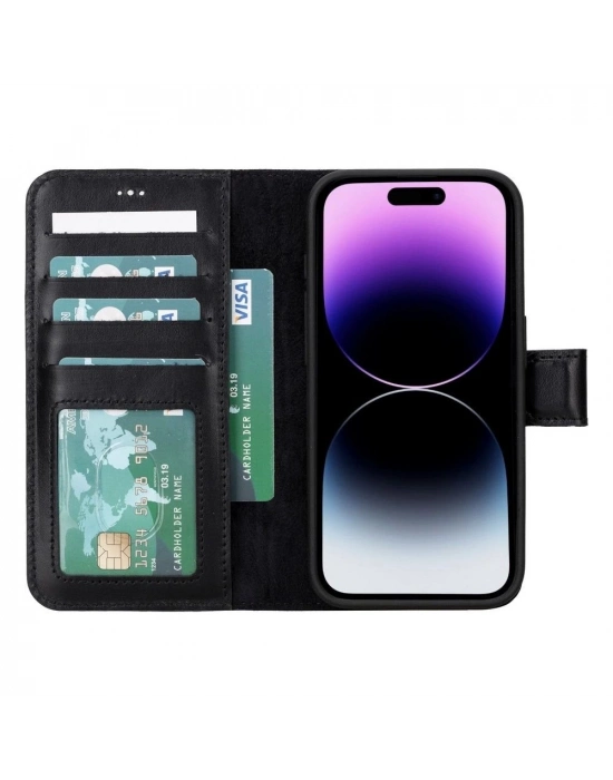 ÇOK SATAN Apple iPhone 15 Pro Uyumlu Deri Cüzdanlı Kılıf MWWN RST1 Siyah