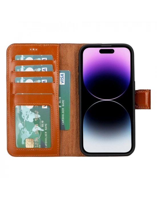 ÇOK SATAN Apple iPhone 15 Pro Uyumlu Deri Cüzdanlı Kılıf MWWN RST2EF Taba