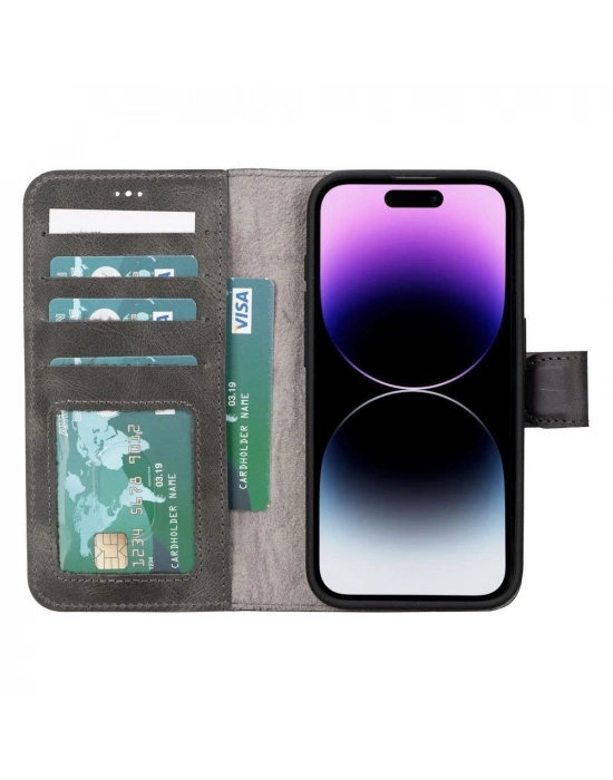 ÇOK SATAN Apple iPhone 15 Pro Uyumlu Deri Cüzdanlı Kılıf MWWN VS4EF Gri