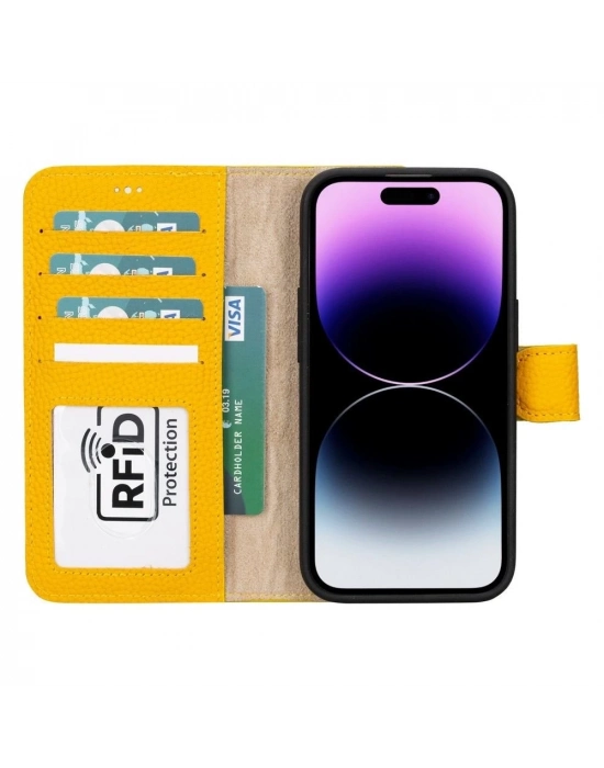 ÇOK SATAN Apple iPhone 15 Uyumlu Deri Cüzdanlı Kılıf MWWN FL12 Sarı