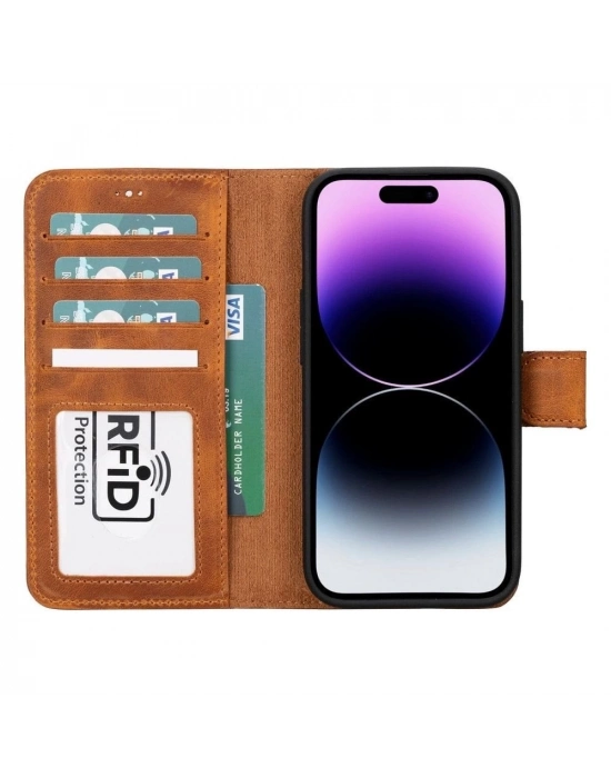 ÇOK SATAN Apple iPhone 15 Uyumlu Deri Cüzdanlı Kılıf MWWN G19 Taba