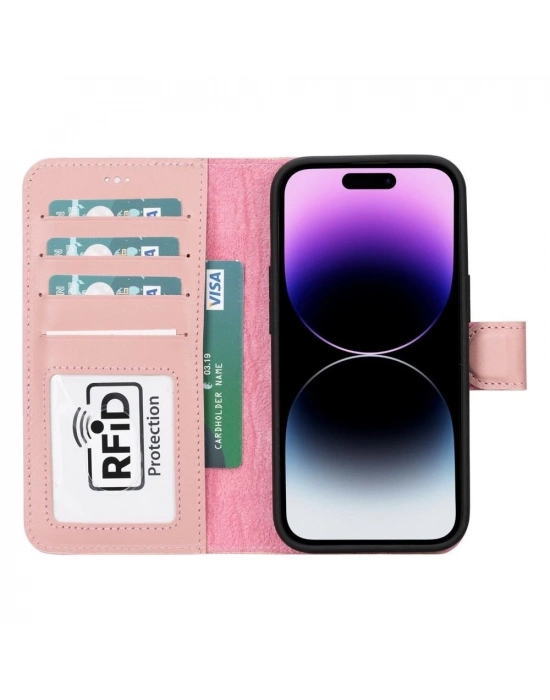ÇOK SATAN Apple iPhone 15 Uyumlu Deri Cüzdanlı Kılıf MWWN NU2 Pembe
