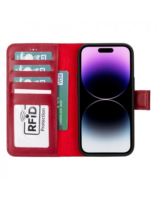 ÇOK SATAN Apple iPhone 15 Uyumlu Deri Cüzdanlı Kılıf MWWN V4EF Kırmızı