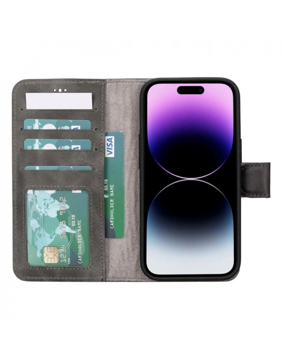 ÇOK SATAN Apple iPhone 15 Uyumlu Deri Cüzdanlı Kılıf MWWN VS4EF Gri