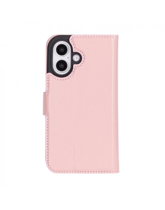 ÇOK SATAN Apple iPhone 16 Plus uyumlu, Hakiki Deri, El Yapımı, Cüzdanlı Kılıf, Toz Pembe