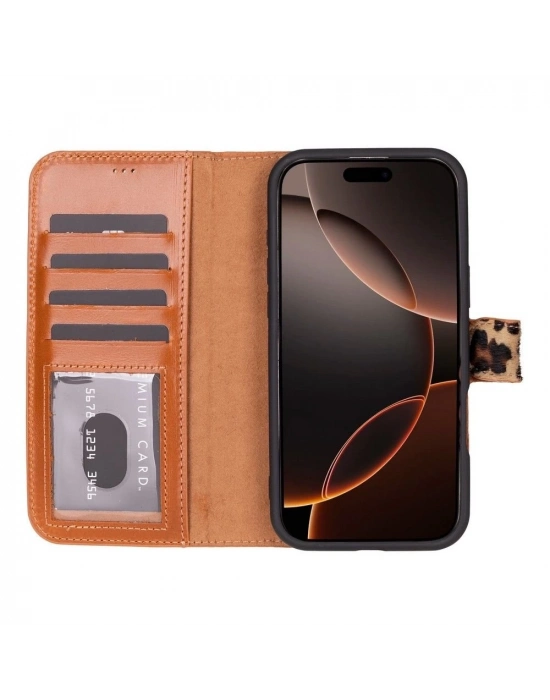 ÇOK SATAN Apple iPhone 16 Pro uyumlu, Hakiki Deri, El Yapımı, Cüzdanlı Kılıf, Leopar