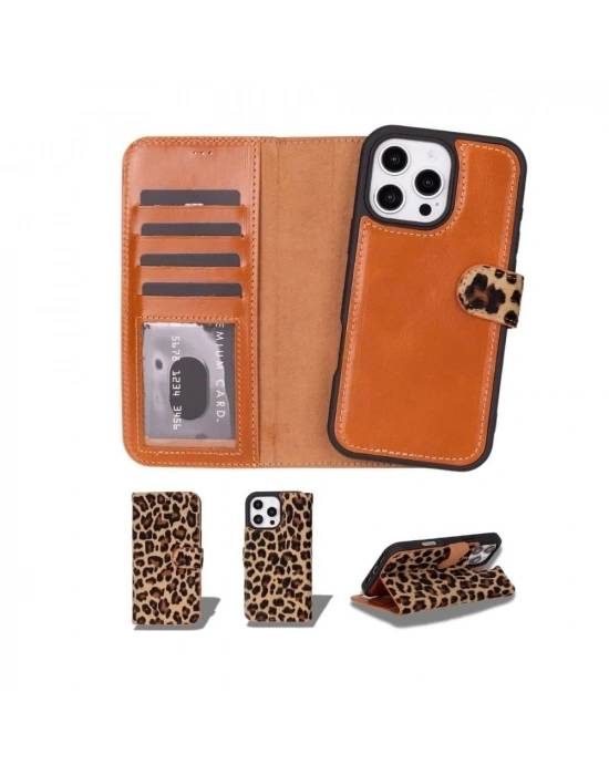 ÇOK SATAN Apple iPhone 16 Pro uyumlu, Hakiki Deri, El Yapımı, Cüzdanlı Kılıf, Leopar