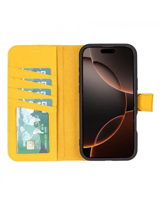 ÇOK SATAN Apple iPhone 16 Pro uyumlu, Hakiki Deri, El Yapımı, Cüzdanlı Kılıf, Limon Sarı