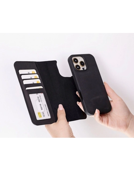 ÇOK SATAN Apple iPhone 16 Pro uyumlu, Hakiki Deri, El Yapımı, Cüzdanlı Kılıf, Mat Siyah