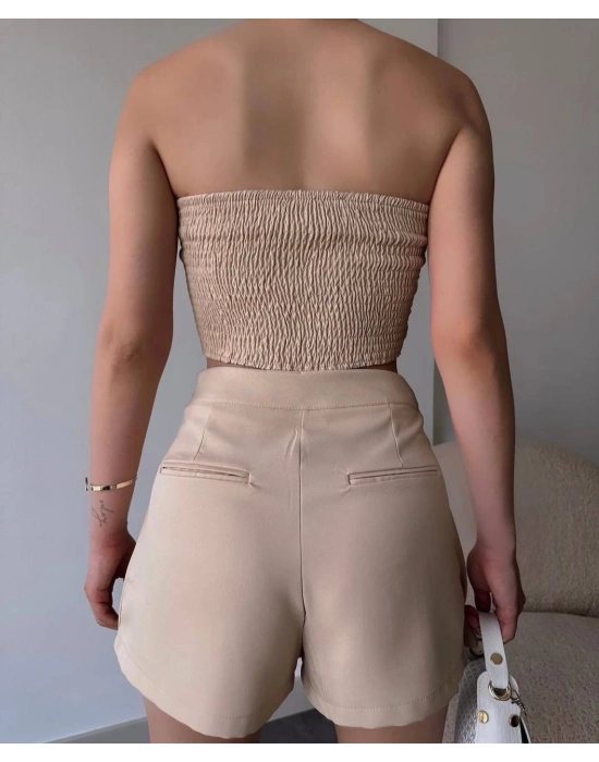Arkadan büzgülü esnek büstiyer bej