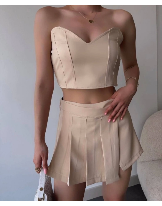 Arkadan büzgülü esnek büstiyer bej