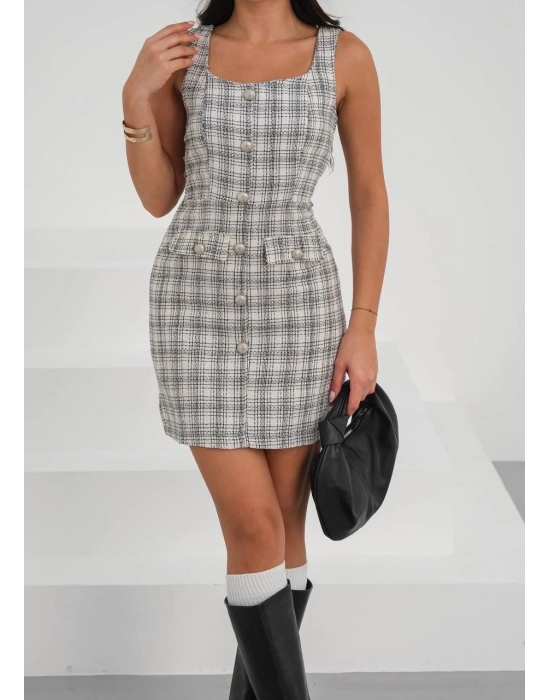 Askılı ch kumaş düğmeli elbise gribeyaz h265007