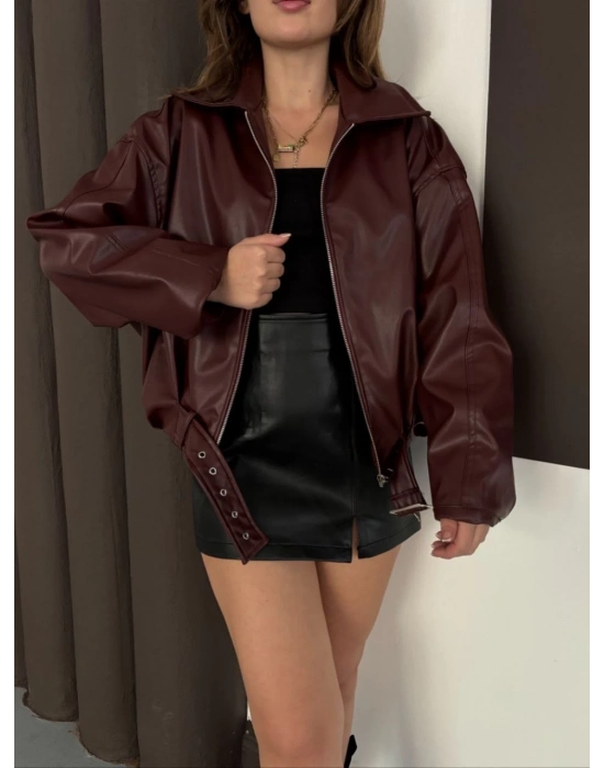 Astarlı kemerli pb deri ceket bordo onst