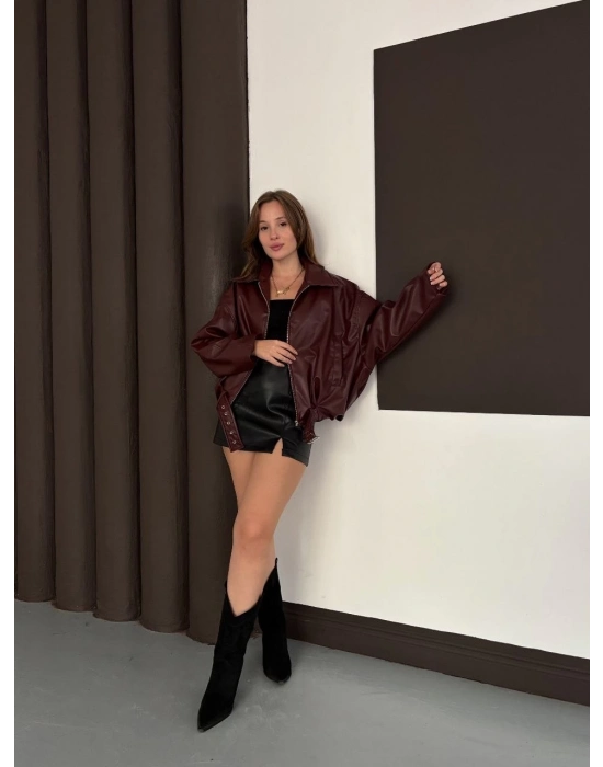 Astarlı kemerli pb deri ceket bordo onst