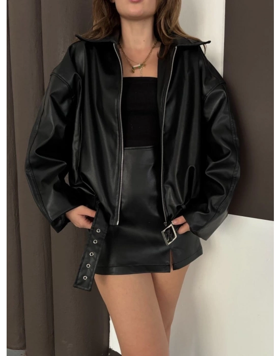 Astarlı kemerli pb deri ceket siyah onst