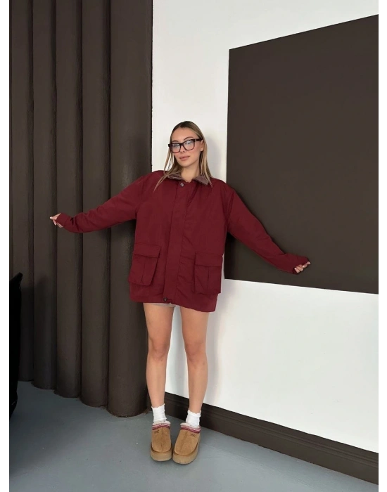 Astarlı yaka detaylı artos ceket bordo st2651019