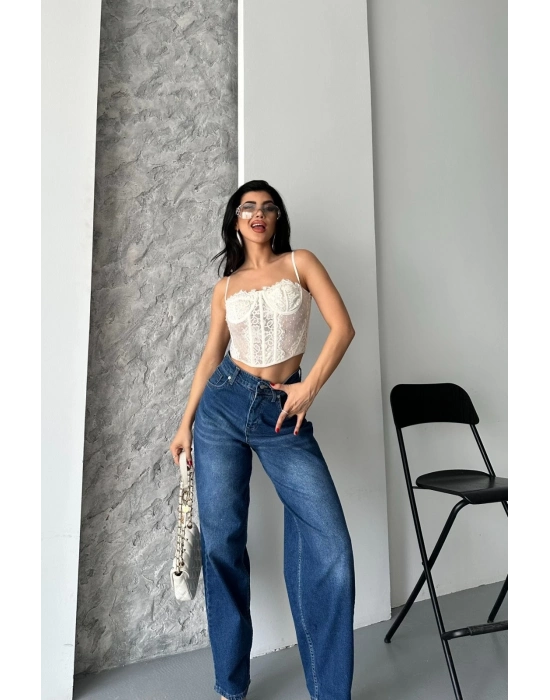 Baggy süper taş bıyık yıkama koyu mavi jeans pantolon d2007