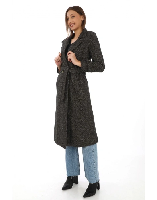 Balık Sırtı Kaşe Kaban – Uzun Boy Kruvaze Yaka Kuşaklı Astarlı Kışlık Tesettür Kaban, Yünlü Dokuma Kaşmir Kumaş, Cepli Rahat Oversize Kalıp Şık Modern Kaban Mont Modeli (Günlük ve Özel Gün Kombinlerine Uygun) - Kahverengi