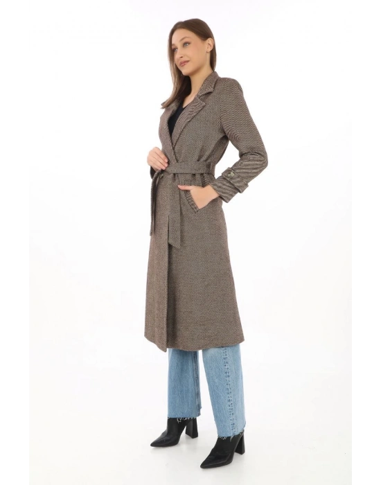 Balık Sırtı Kaşe Kaban – Uzun Boy Kruvaze Yaka Kuşaklı Astarlı Kışlık Tesettür Kaban, Yünlü Dokuma Kaşmir Kumaş, Cepli Rahat Oversize Kalıp Şık Modern Kaban Mont Modeli (Günlük ve Özel Gün Kombinlerine Uygun) - Vizon