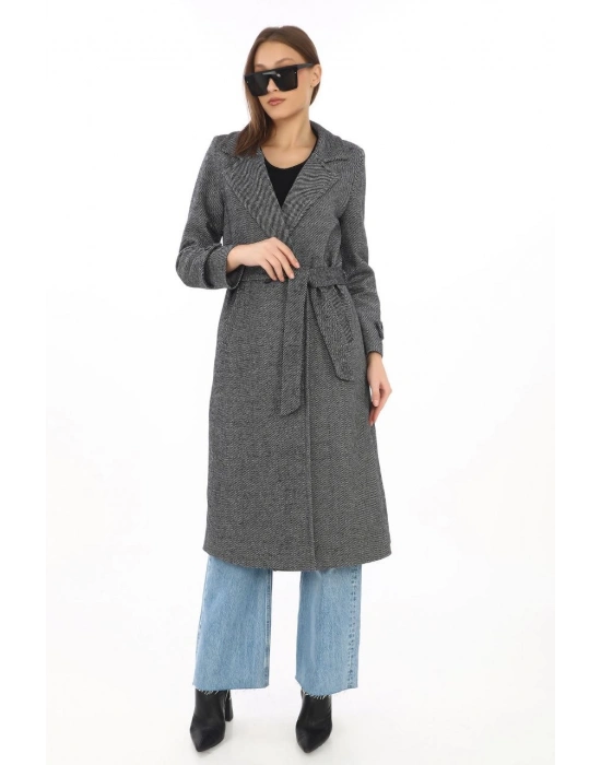 Balık Sırtı Kaşe Kaban – Uzun Boy Kruvaze Yaka Kuşaklı Astarlı Kışlık Tesettür Kaban, Yünlü Dokuma Kaşmir Kumaş, Cepli Rahat Oversize Kalıp Şık Modern Kaban Mont Modeli (Günlük ve Özel Gün Kombinlerine Uygun) - Füme