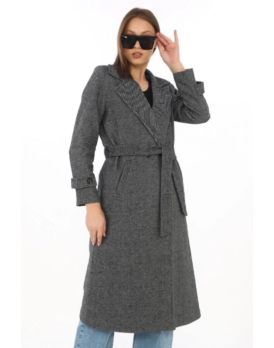 Balık Sırtı Kaşe Kaban – Uzun Boy Kruvaze Yaka Kuşaklı Astarlı Kışlık Tesettür Kaban, Yünlü Dokuma Kaşmir Kumaş, Cepli Rahat Oversize Kalıp Şık Modern Kaban Mont Modeli (Günlük ve Özel Gün Kombinlerine Uygun) - Füme