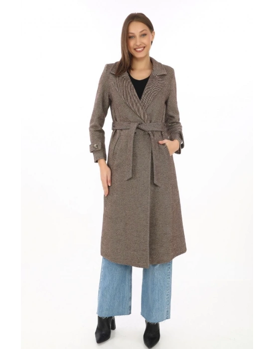 Balık Sırtı Kaşe Kaban – Uzun Boy Kruvaze Yaka Kuşaklı Astarlı Kışlık Tesettür Kaban, Yünlü Dokuma Kaşmir Kumaş, Cepli Rahat Oversize Kalıp Şık Modern Kaban Mont Modeli (Günlük ve Özel Gün Kombinlerine Uygun) - Vizon