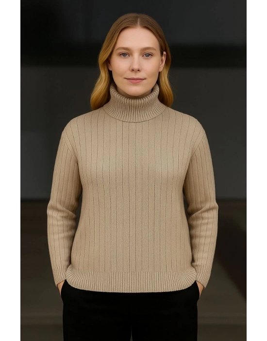 Balıkcı Yaka Bağazlı Triko Kazak Pamuklu Kalın Fitilli Dokuma - Bej