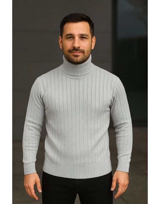 Balıkcı Yaka Bağazlı Triko Kazak Pamuklu Kalın Fitilli Dokuma, - Gri