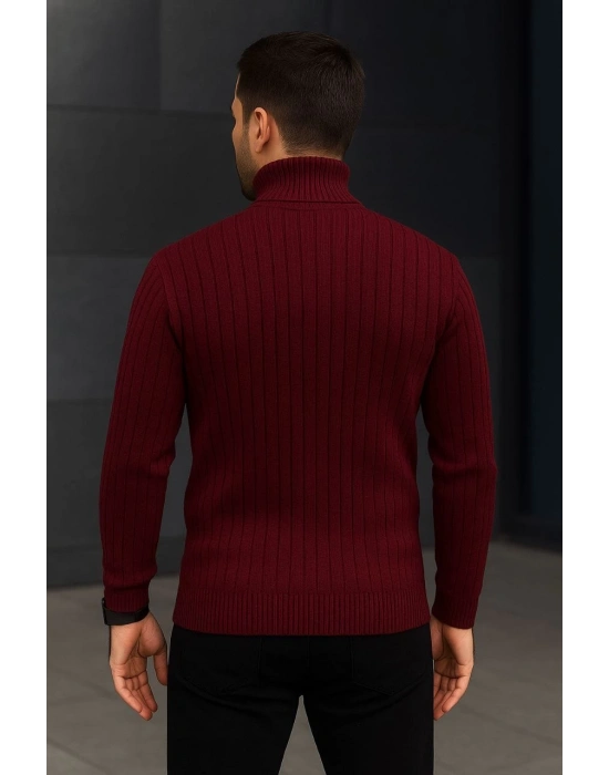 Balıkcı Yaka Bağazlı Triko Kazak Pamuklu Kalın Fitilli Dokuma, Regular - Bordo