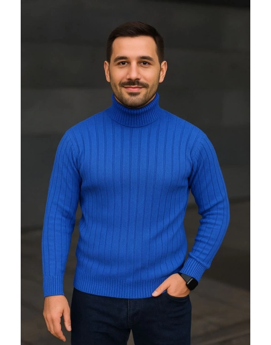 Balıkcı Yaka Bağazlı Triko Kazak Pamuklu Kalın Fitilli Dokuma, Regular Fit Uzun Kollu Kışlık Model - Saks Mavisi