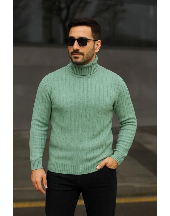 Balıkcı Yaka Bağazlı Triko Kazak Pamuklu Kalın Fitilli Dokuma, Regular Fit Uzun Kollu Kışlık Model - Mint Yeşili