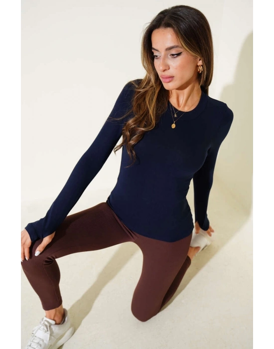 Basic Parmak Geçirme Detaylı Bluz Lacivert T4266