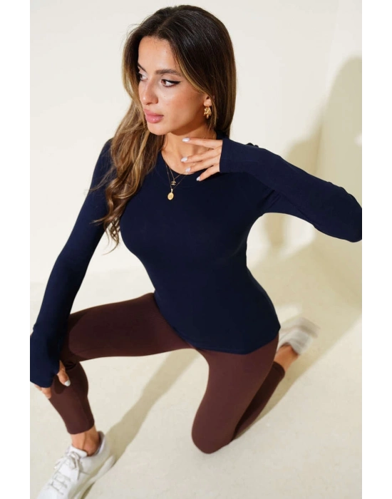 Basic Parmak Geçirme Detaylı Bluz Lacivert T4266