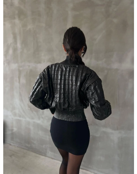 Beli büzgülü crop deri ceket siyah