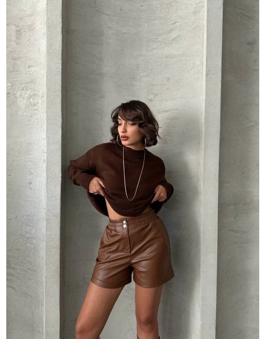 Beli lastikli çıtçıtlı deri şort kahve w241007