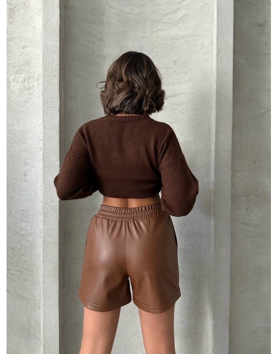 Beli lastikli çıtçıtlı deri şort kahve w241007