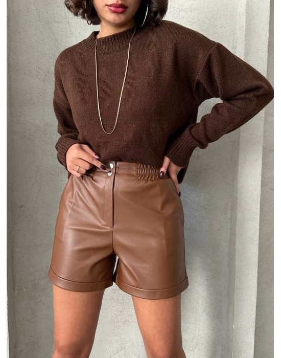 Beli lastikli çıtçıtlı deri şort kahve w241007