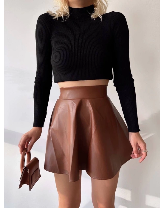 Beli lastikli deri etek kahve s24599