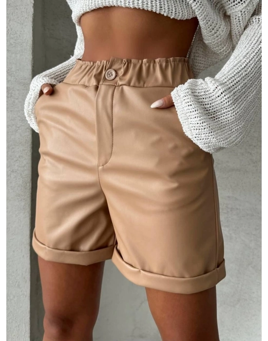 Beli lastikli duble paça deri şort bej w24755