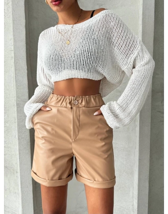 Beli lastikli duble paça deri şort bej w24755