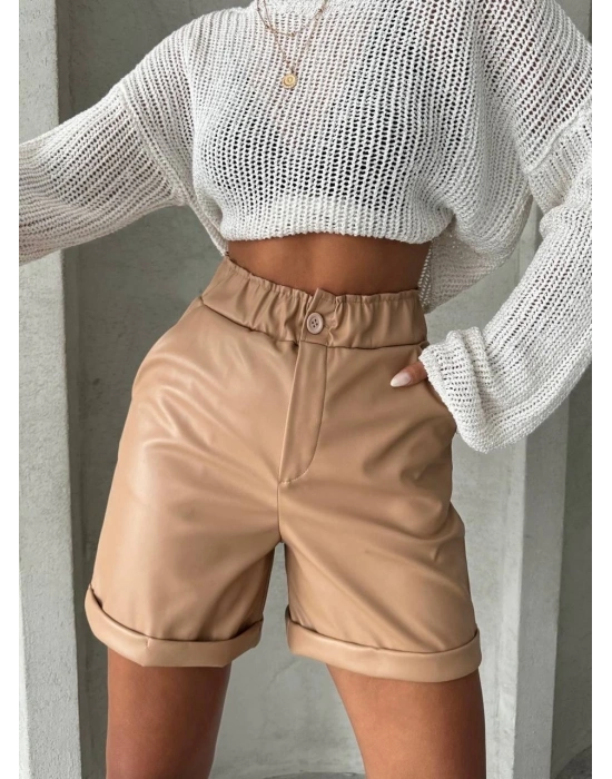Beli lastikli duble paça deri şort bej w24755