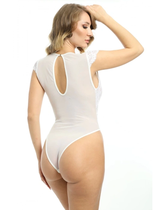 ÇOK SATAN Beyaz Yarım Kol Dantel Bodysuit - 894