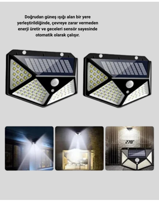 ® 100 LED Solar Lamba Hareket Algılamalı Bahçe Duvar Dış Mekan Aydınlatma