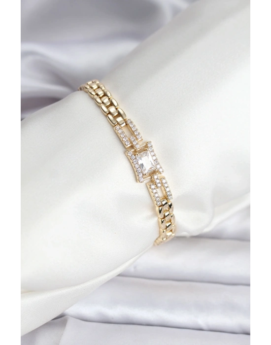 ® 14K Gold Renk Kaplama Zirkon Kare Taşlı CM Kadın Bileklik