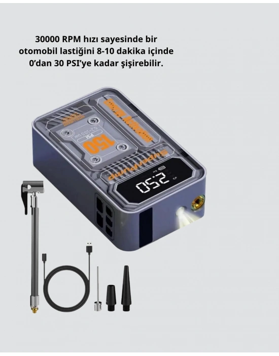 ® 150 PSI Kablosuz Şarjlı Hava Pompası – LED Ekranlı ve Otomatik Kapanma Özellikli