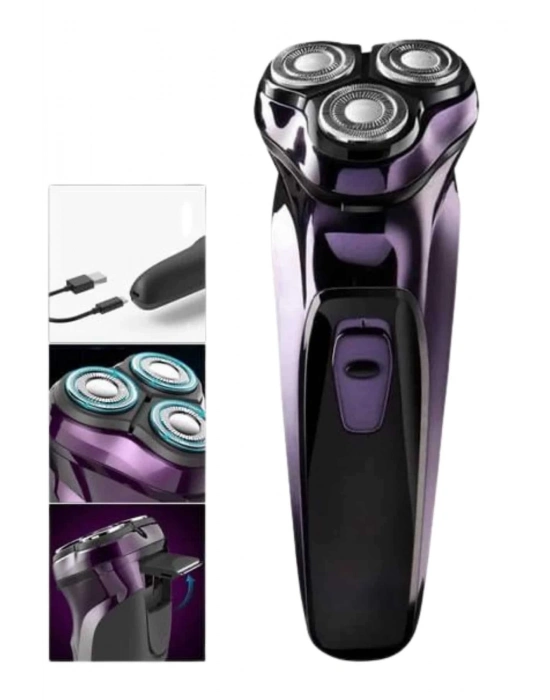 ® 3 Bıçaklı Döner Başlıklı Sakal Sıfır Alma Tıraş Makinesi Profesyonel Paslanmaz Çelik