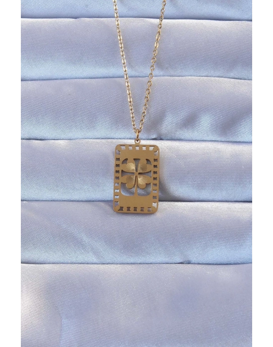 ® 316L Altın Renk İşlemeli Yonca Model Vintage Kolye