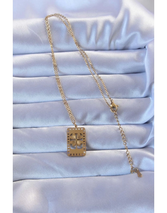 316L Altın Renk İşlemeli Yonca Model Vintage Kolye