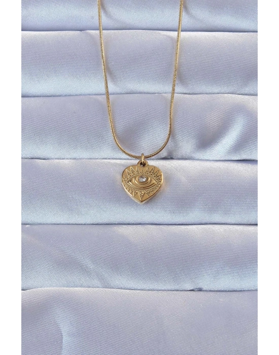® 316L Altın Renk Zirkon Taşlı İşlemeli Göz Detay Kalp Kolye